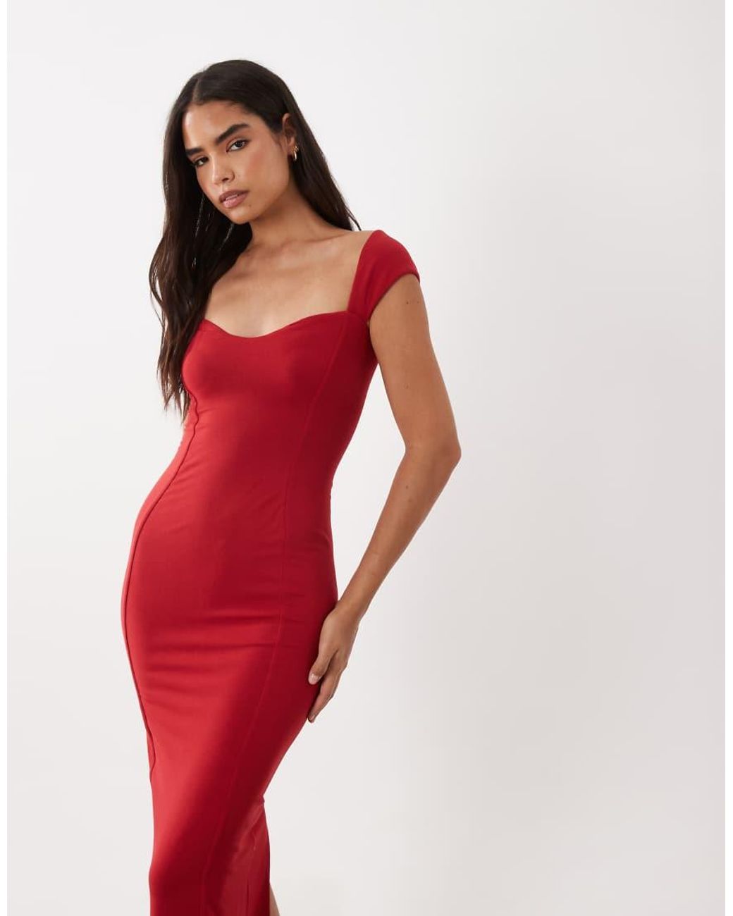 Oh Polly Red Modal Sweetheart Neck Cap Sleeve Maxi Dress