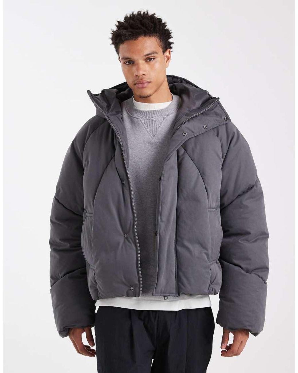 ASOS Gray Oversized Hooded Puffer Jacket for men