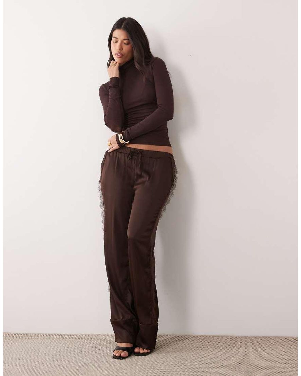 Noughts & Kisses Brown Gina Sheer Knitted Roll Neck Top