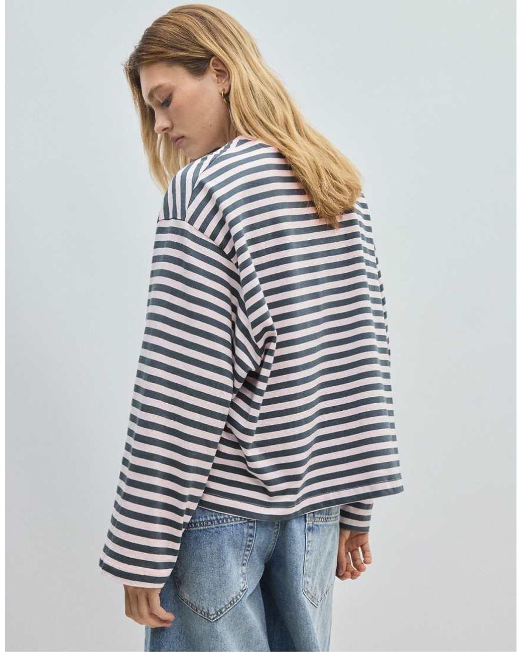 Stradivarius Blue Striped Printed Long Sleeve T-shirt