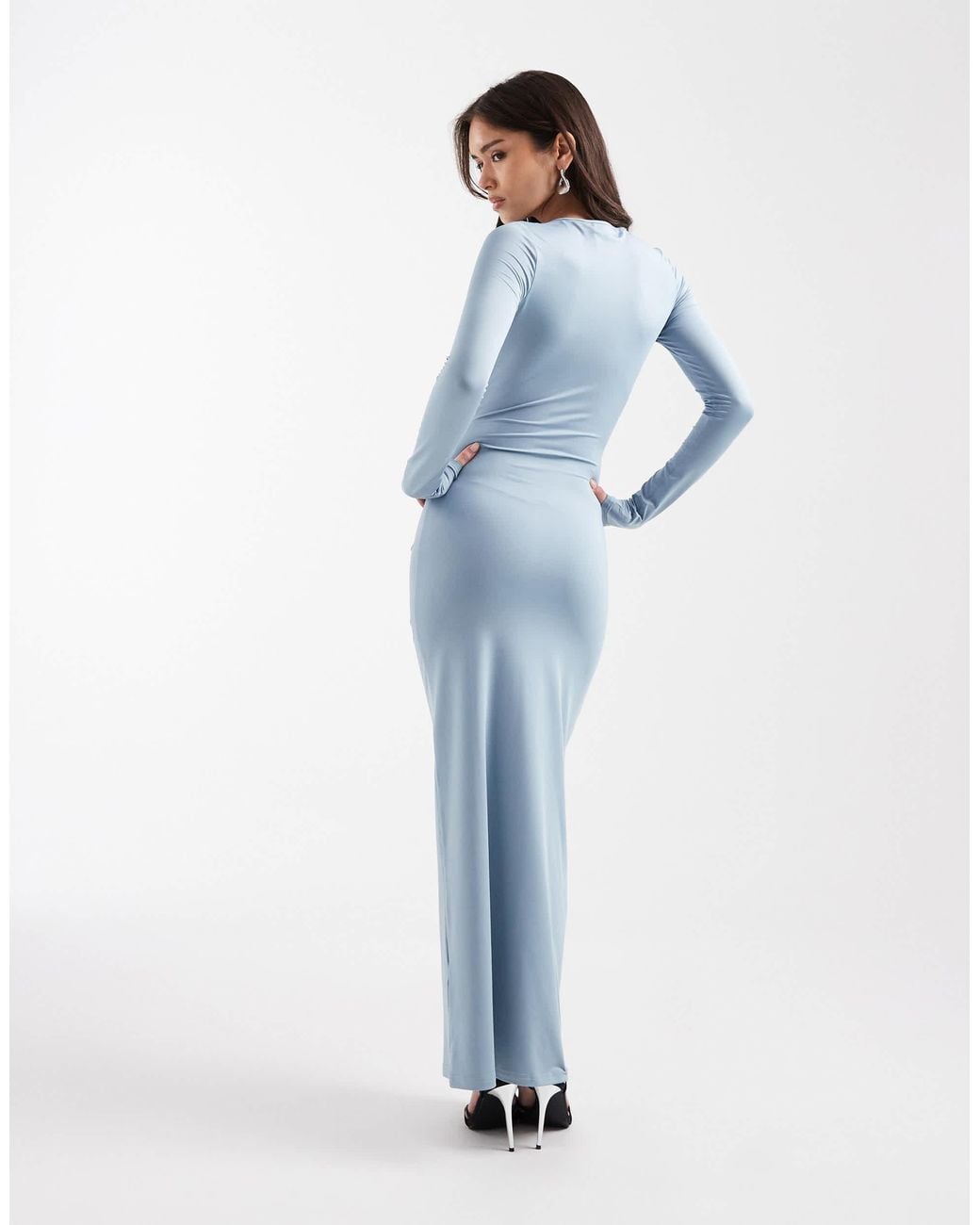 4th & Reckless Blue Long Sleeve Ruched Front Maxi Dress