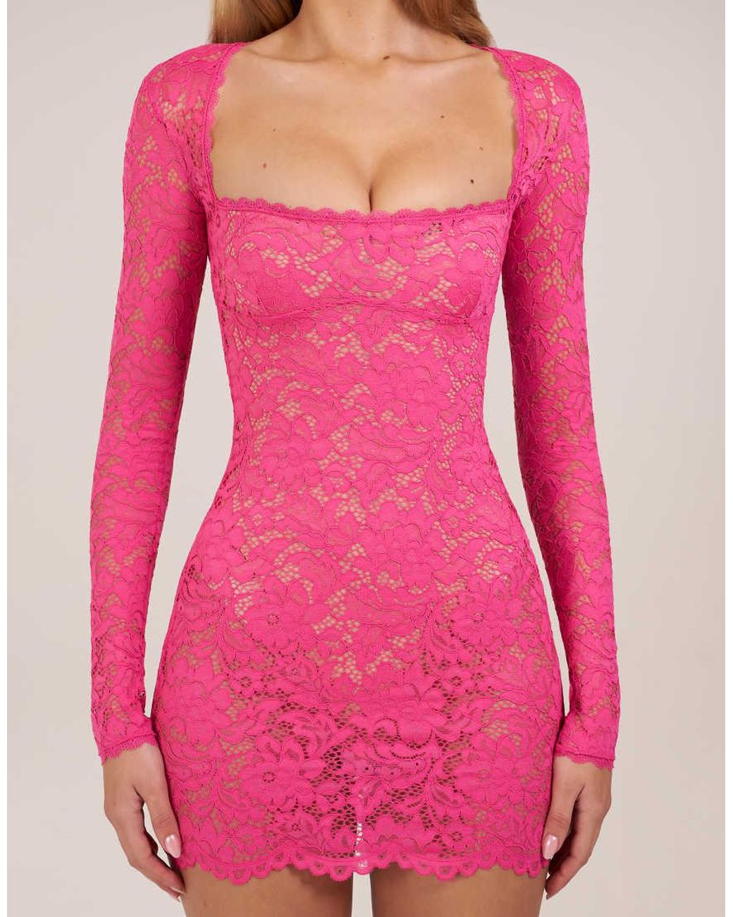 Oh Polly Pink Lace Square Neck Long Sleeve Mini Dress
