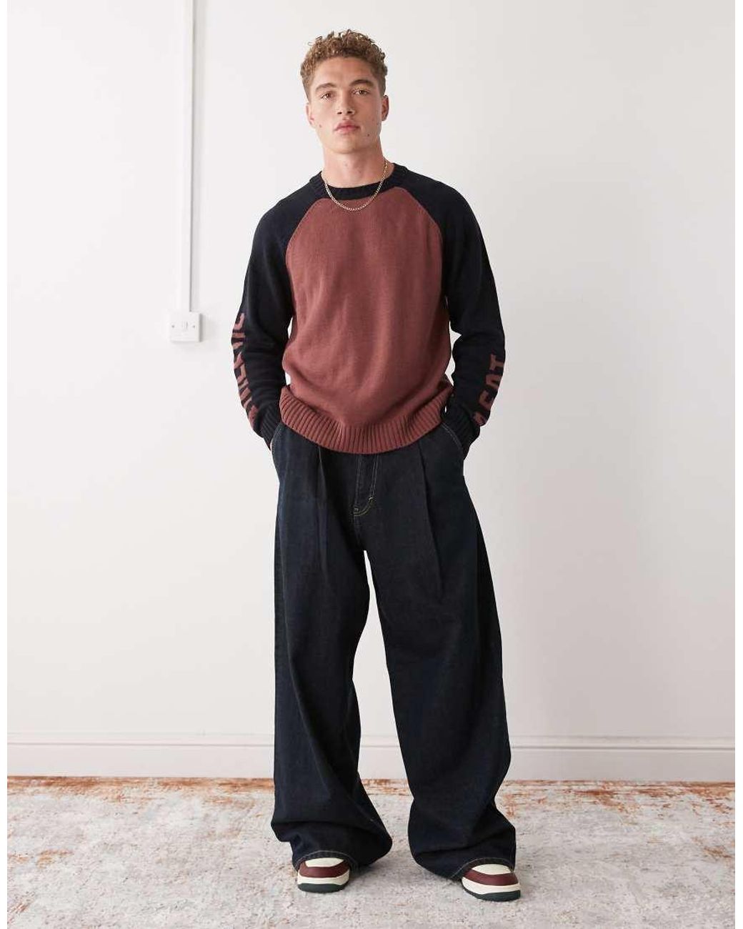 Collusion Red Knitted Sweater With Athletic Print for men