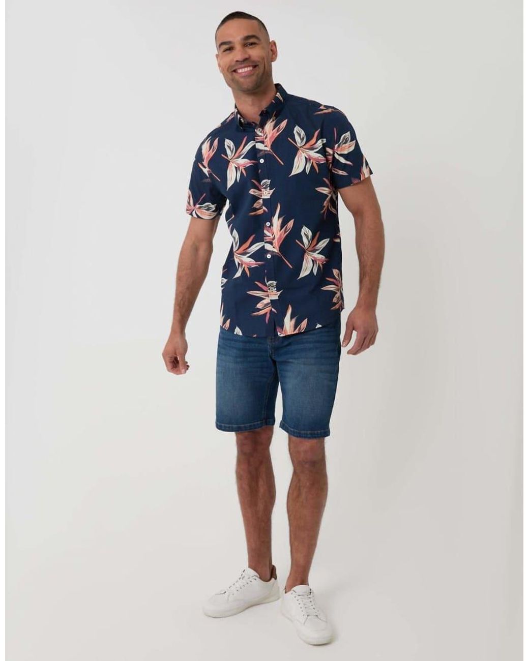 Threadbare Blue Tropical Leaf Print Cotton Short Sleeve Shirt for men