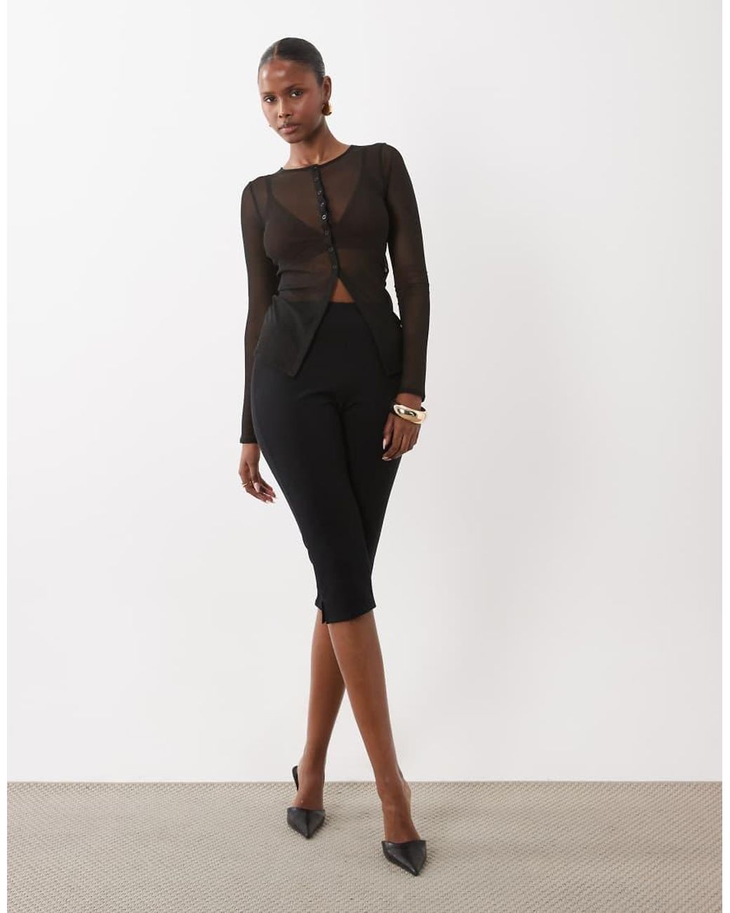 ASOS Black Crew Neck Button Down Long Sleeve Top With Split