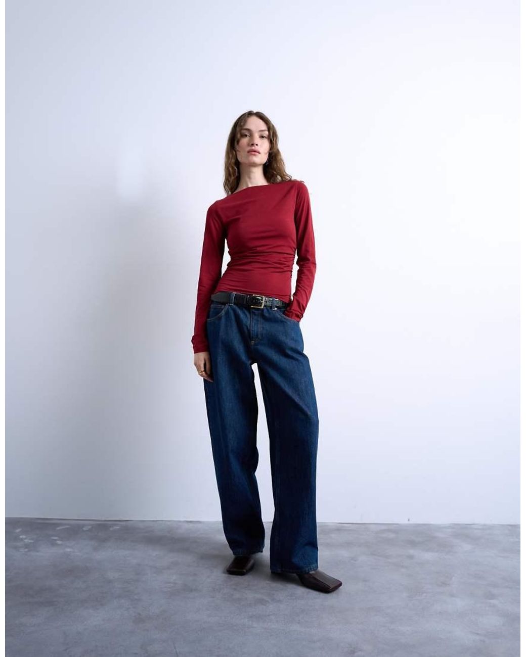 TOPSHOP Red Modal Ruched Slash Neck Long Sleeve Top
