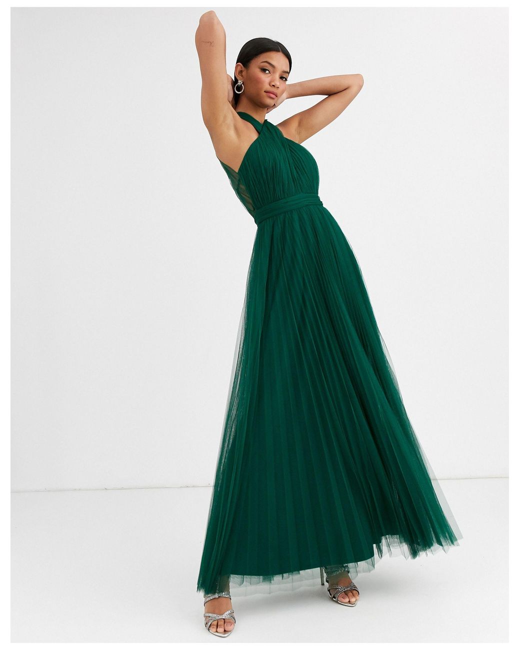 ASOS Lange Halterjurk Van Tule Met Gekruiste Voorkant in het Groen Lyst NL