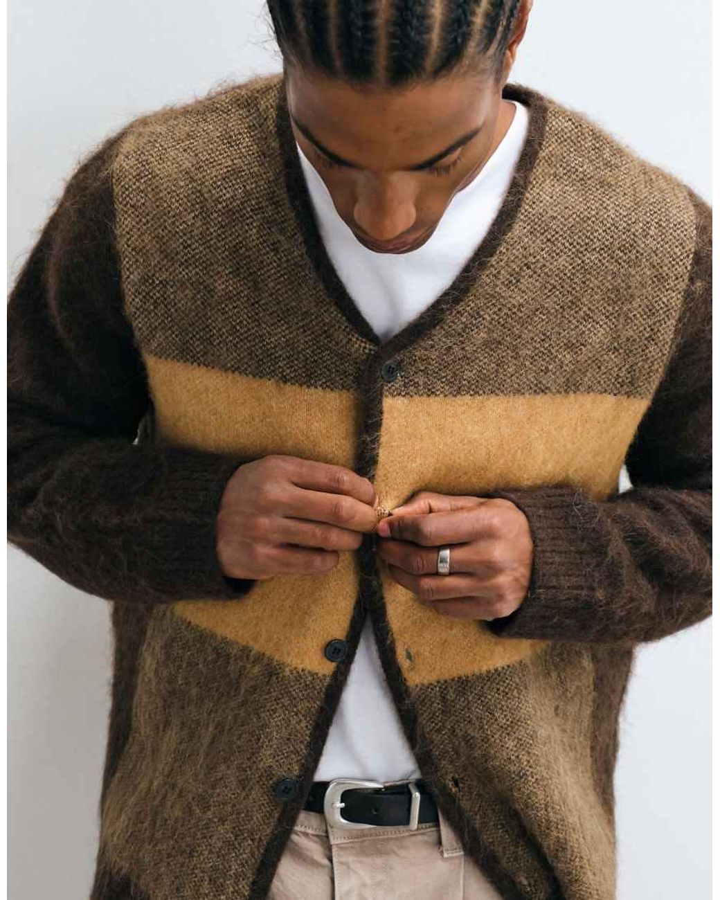 SELECTED White Alpaca Wool Blend Block Cardigan for men