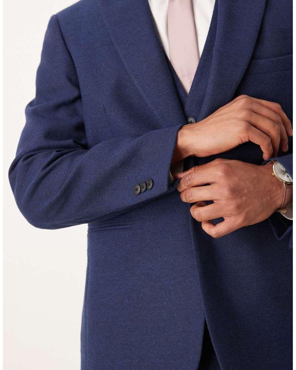 ASOS Blue Slim Herringbone Suit Jacket With Wool for men