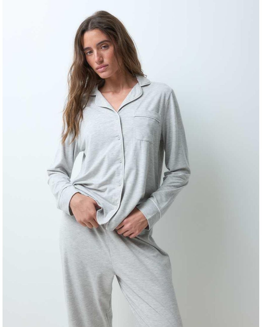 ASOS Gray Viscose Super Soft Long Sleeve Shirt & Trouser Pyjama Set
