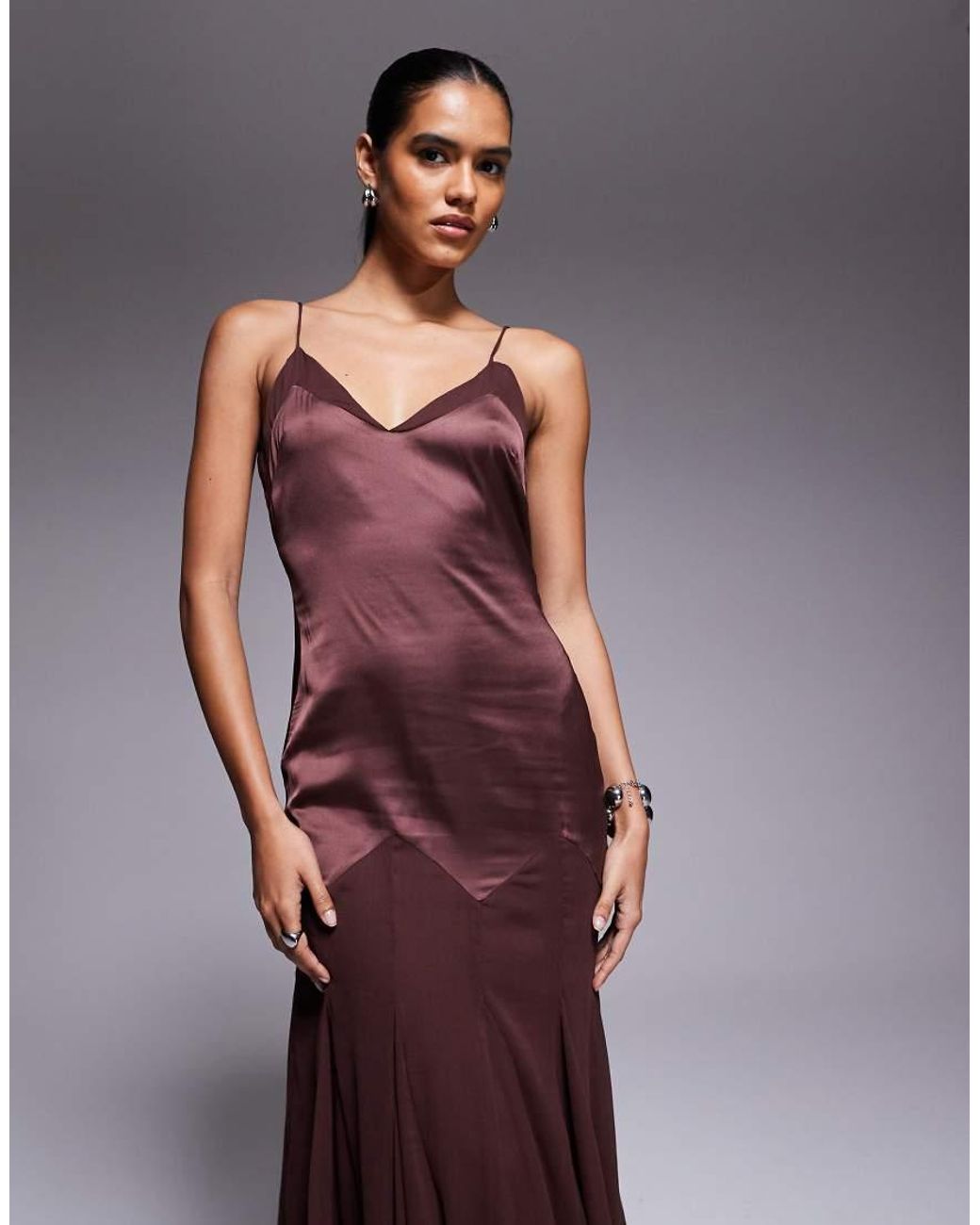 ASOS Purple Dropped Waist Satin And Chiffon Mix Maxi Dress With Full Godet Skirt