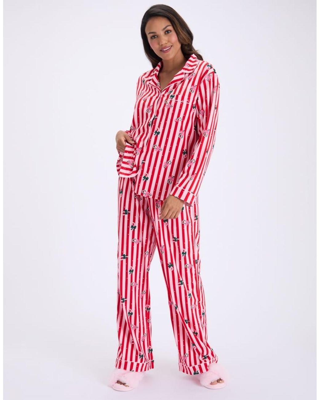 Boux Avenue Red Candy Cane Christmas Pyjama Set With Bag Fleece Nightwear Pj