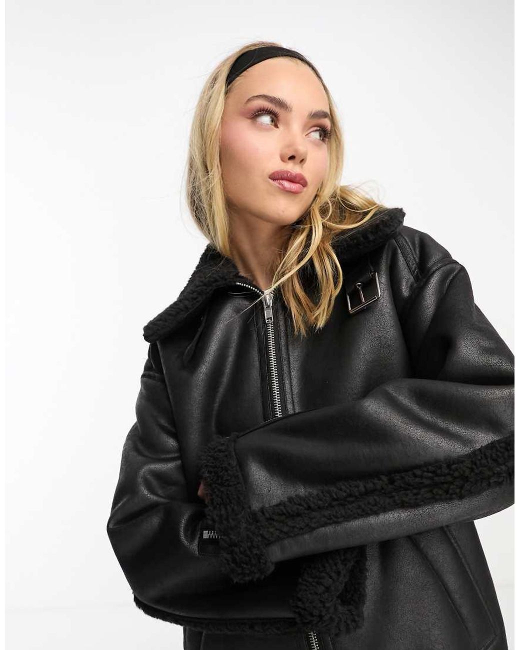 Monki Faux Leather And Shearing Aviator Jacket in Black Lyst UK