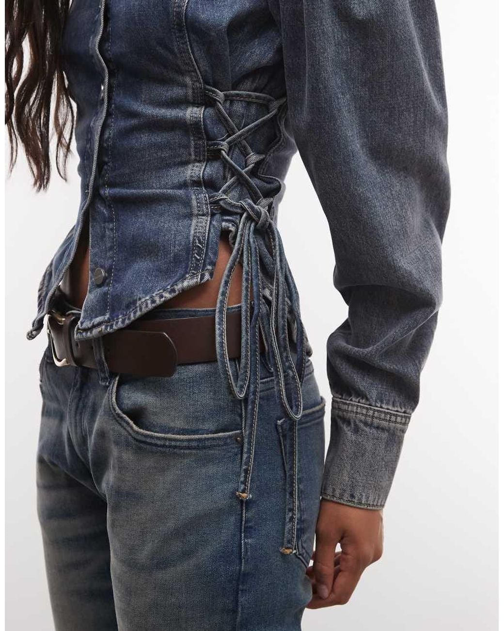 AllSaints Blue Evanna Long Sleeve Mock Neck Tie Up Denim Shirt