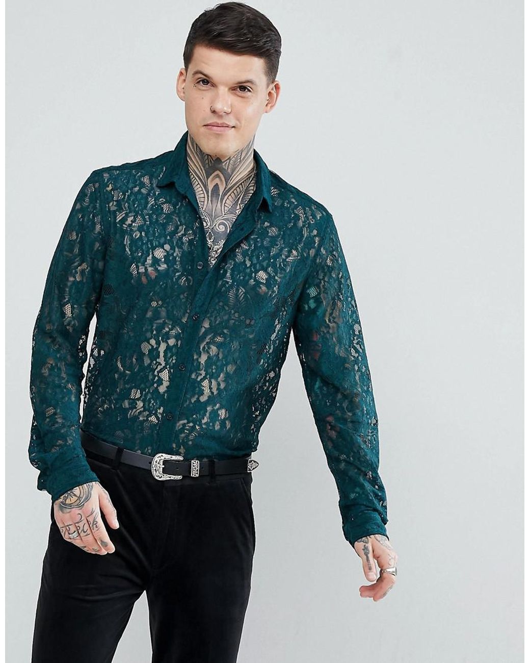 ASOS Regular Fit Lace Shirt In Teal in Green for Men | Lyst