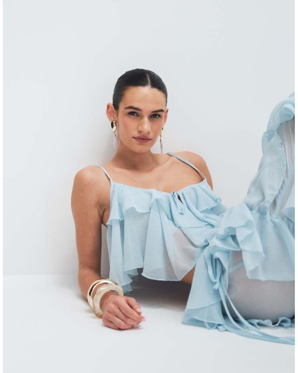 Noughts & Kisses Blue Chiffon Extreme Ruffle Cropped Cami Top Co-Ord