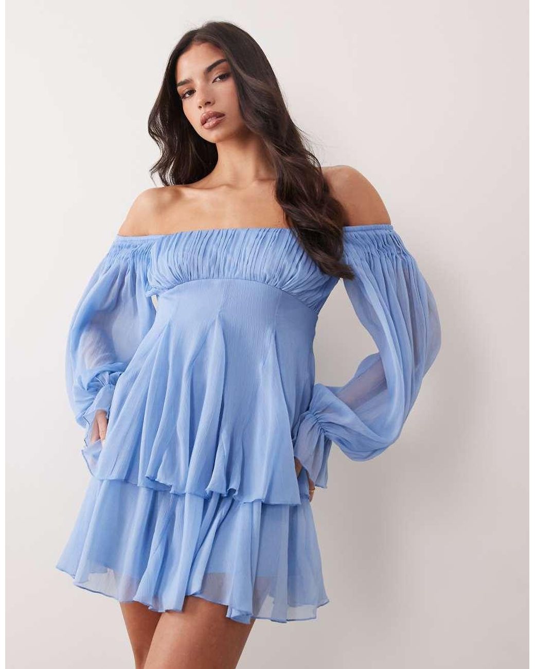 ASOS Blue Double Layer Off The Shoulder Godet Mini Dress