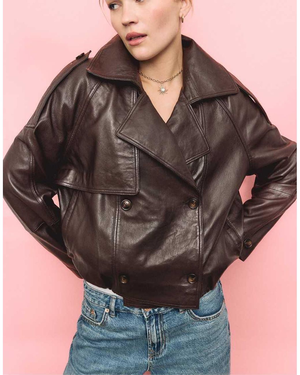 Stradivarius Blue Oversize 100% Leather Trench Coat