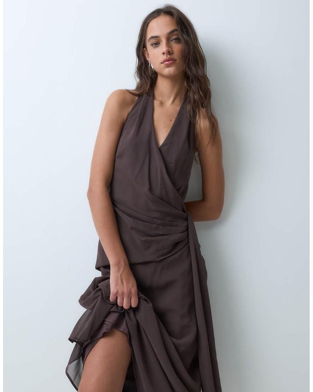 BRONZE SNAKE Gray V Neck Halterneck Maxi Dress With Draped Waist