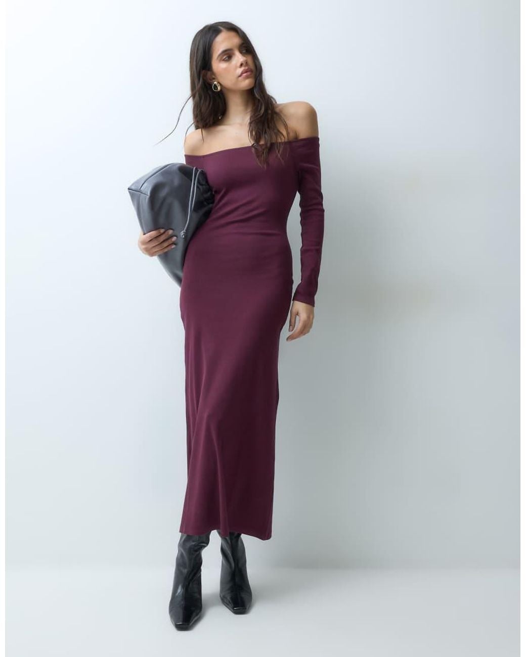 ASOS Purple Off Shoulder Rib Midi Dress
