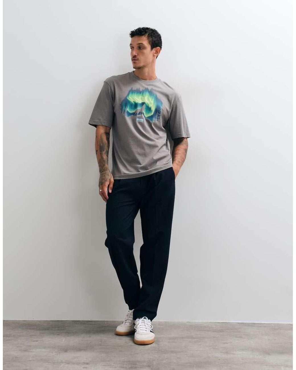 HUGO Gray T-Shirt With Graphic Print for men
