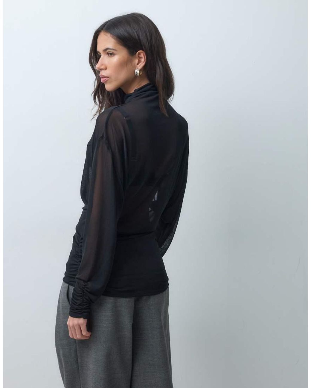 ASOS Gray Sheer Batwing High Neck Ruched Sleeve Top