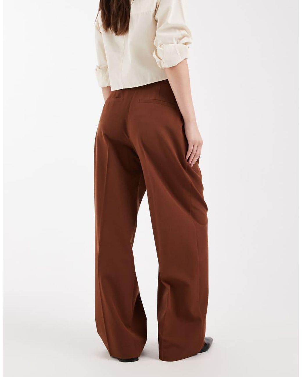 ASOS Brown Petite Tailored Wide Leg Trousers With Pleat Detail