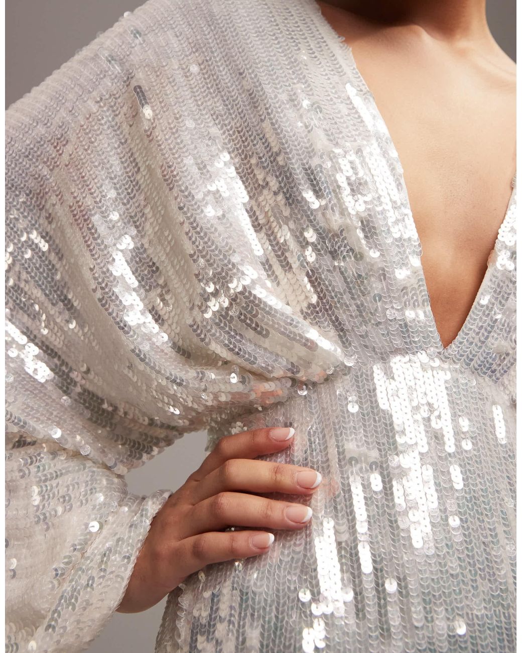 sequin kimono sleeve wedding dress Asos Design Harriet Sequin Plunge Kimono Sleeve Wedding Dress in Ivory