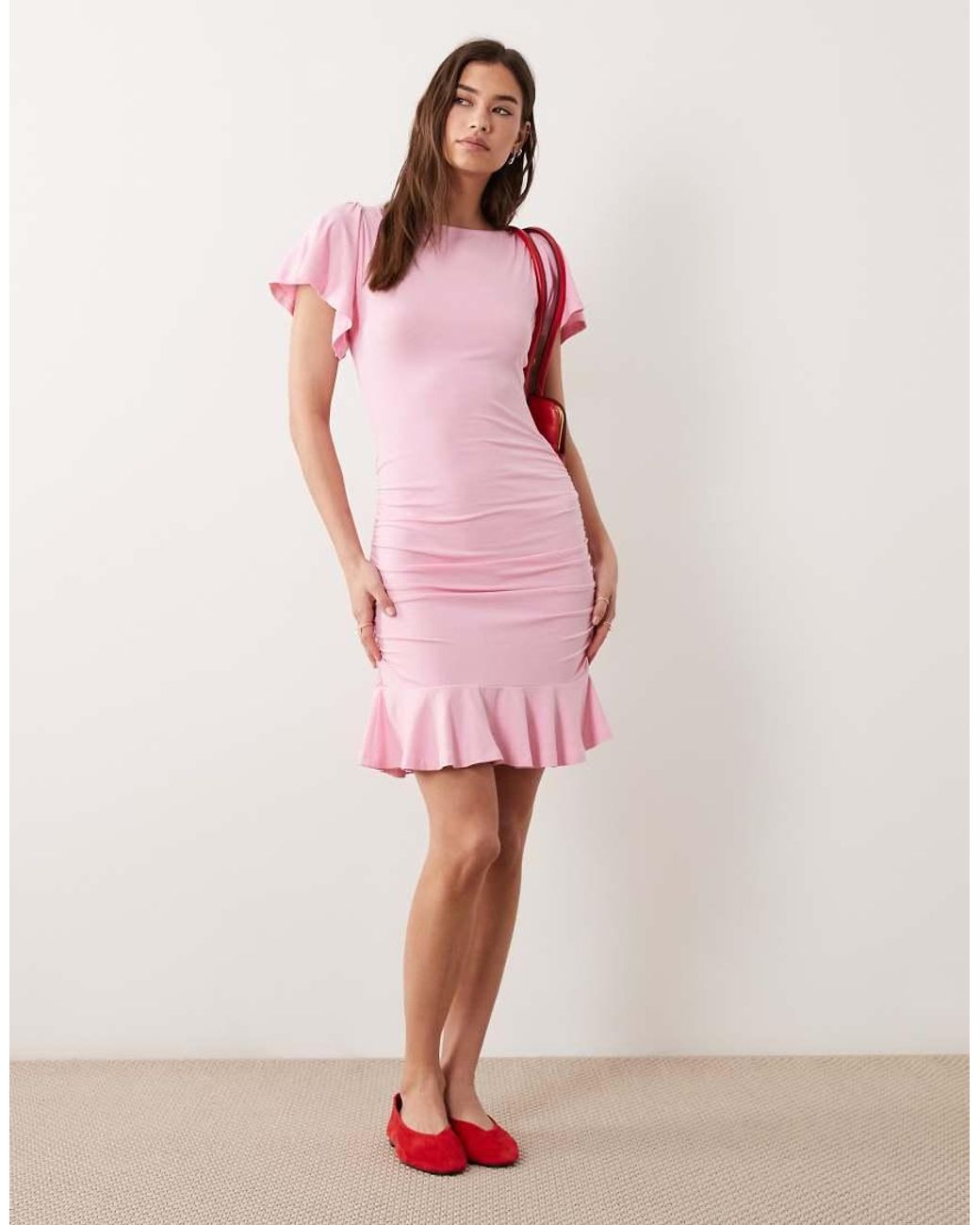 ASOS Pink Flutter Angle Sleeve Slash Neck Ruched Mini Dress