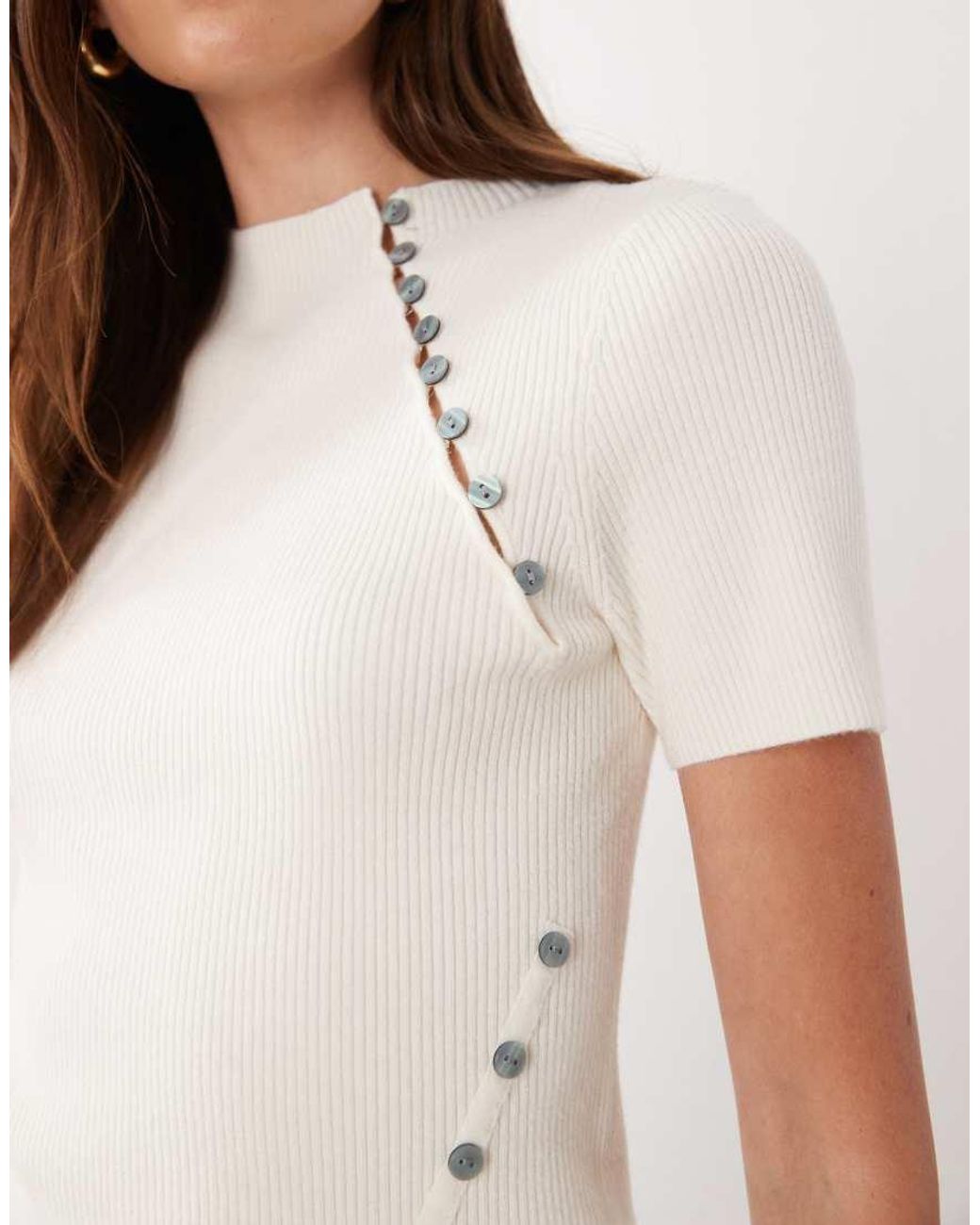 ASOS White Knit Rib Button Detail Short Sleeve Top