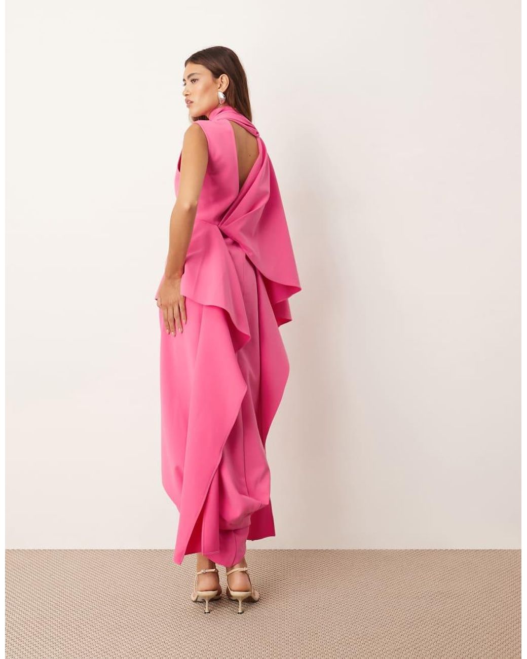 ARRANGE Pink Premium Heavy Crepe Asymmetric Sleeve Drape Panel Midi Dress