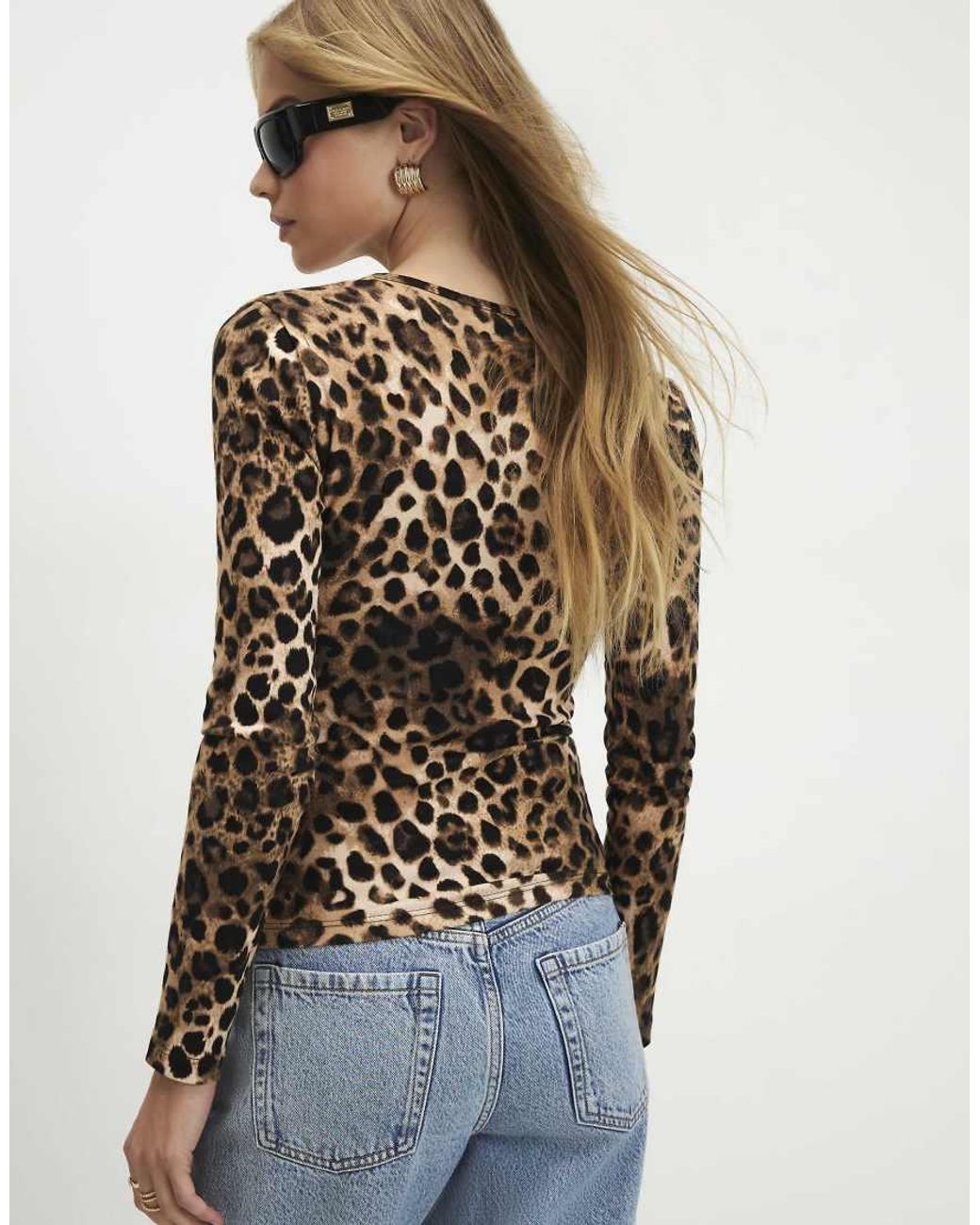 River Island Blue Cotton Blend Leopard Print V Neck Top