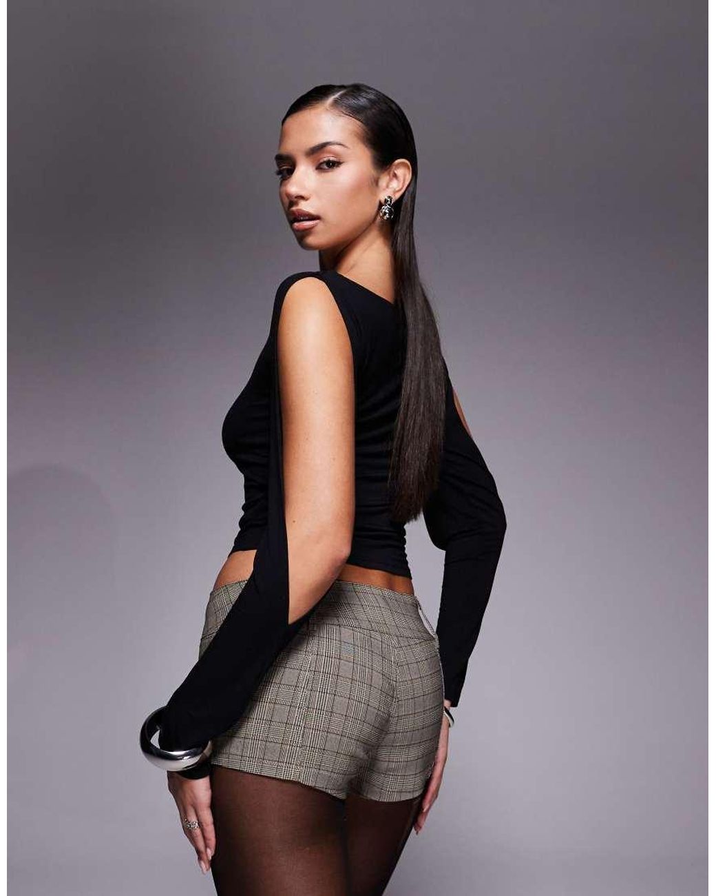 Edikted Gray Ayvey Plaid Tailored Micro Shorts