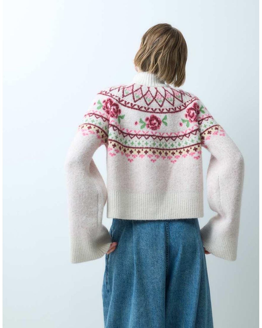 Miss Selfridge Gray Zip Funnel Neck Cardigan With Fairisle Pattern