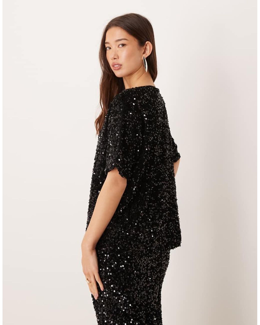 Vila Black Sequin & Velour T-shirt Co-ord