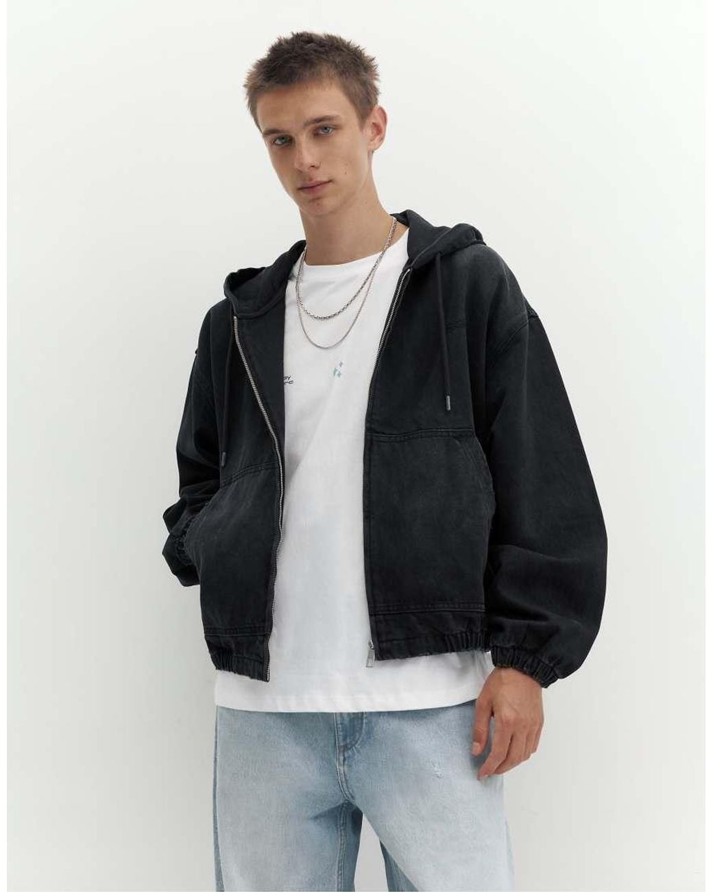 Pull&Bear Black Stwd Zip-up Hooded Jacket for men