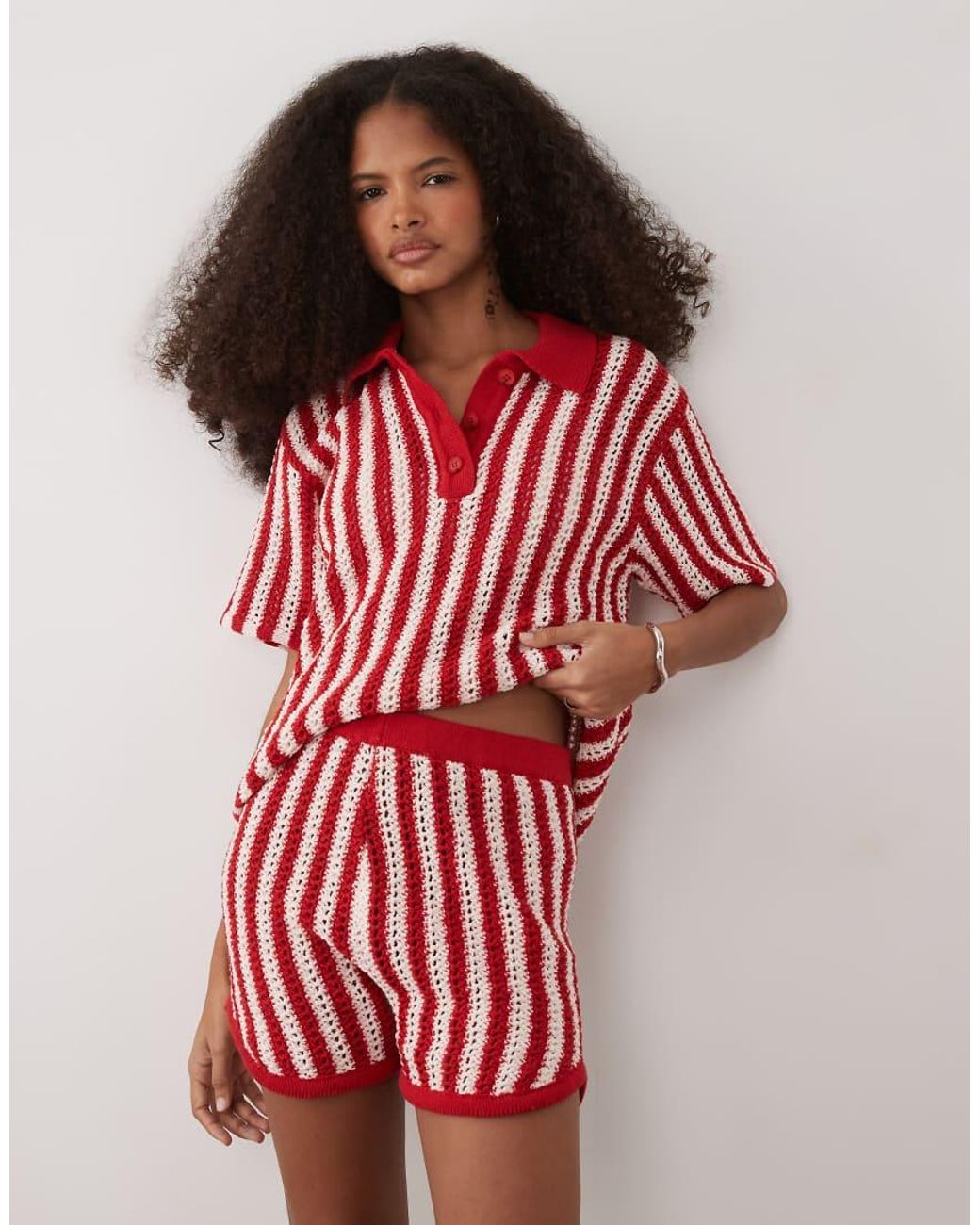 ASOS Red Knitted Crochet Micro Short Co-Ord