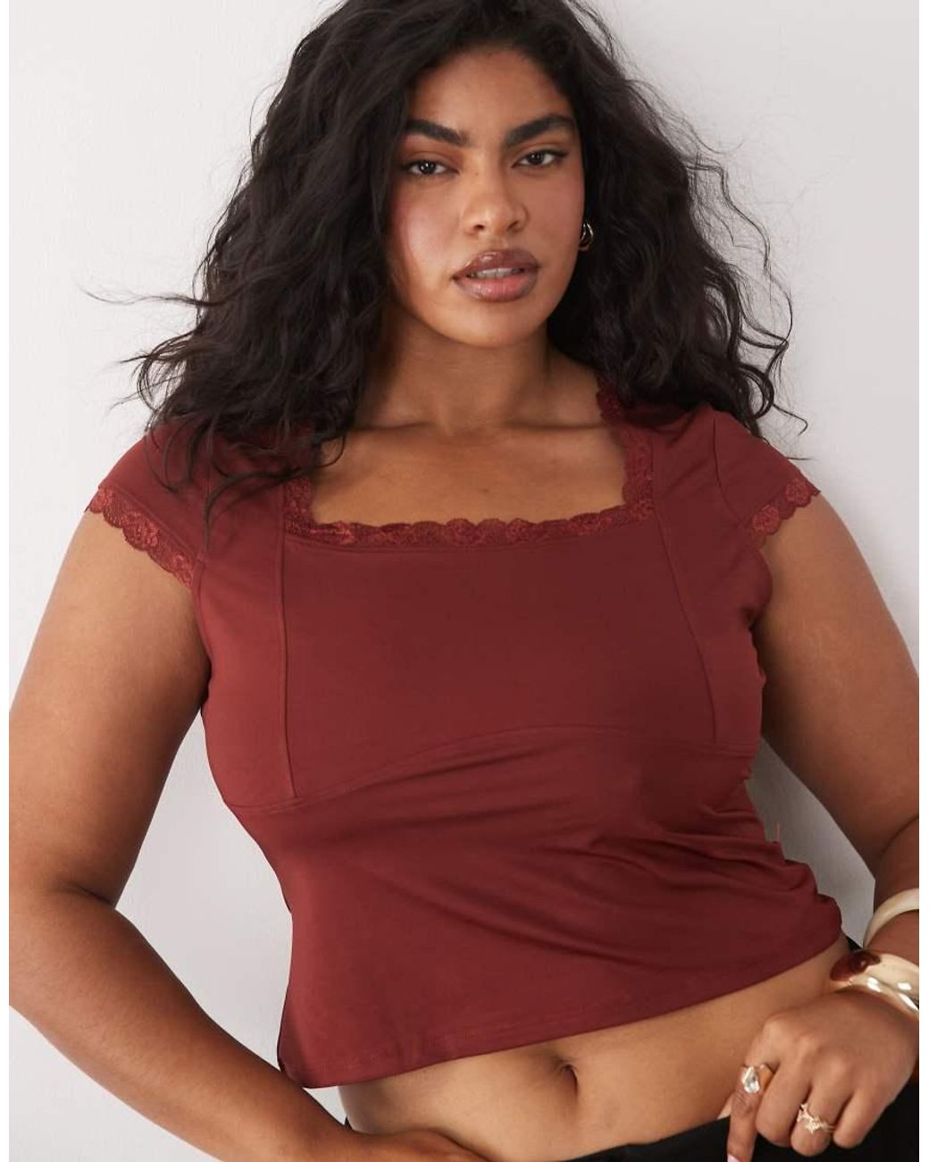 ASOS Red Asos Design Curve Slinky Cap Sleeve Top With Lace Trim