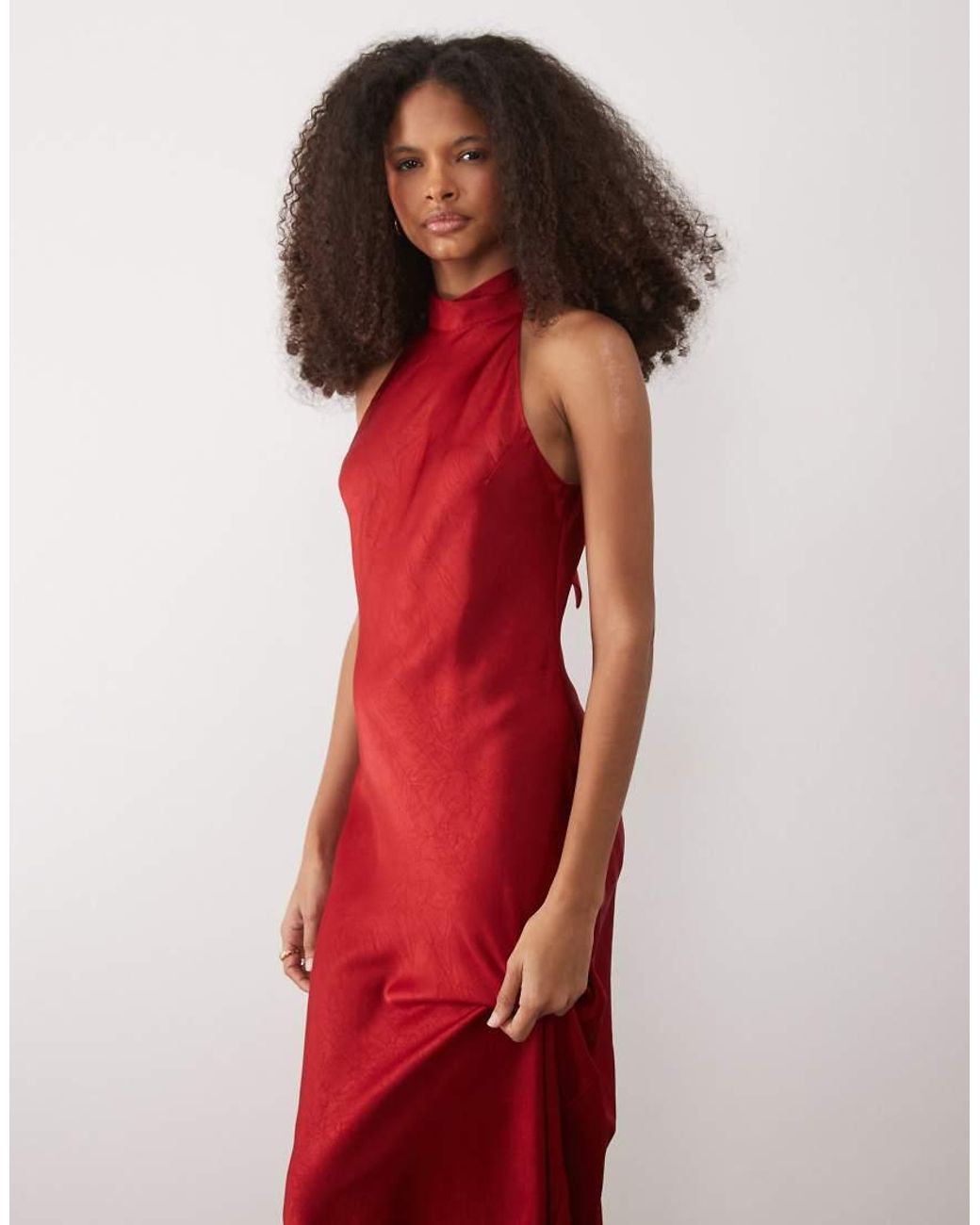 Mango Red Halterneck Satin Maxi Dress With Tie Back