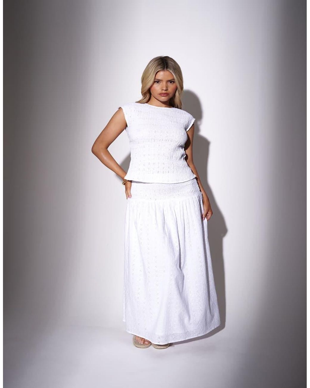 South Beach White Broderie Smocked Waist Maxi Skirt