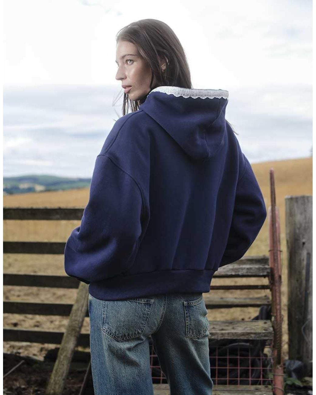 Daisy Street Blue T Zip Up Boxy Hoodie With Broderie Hood Trim