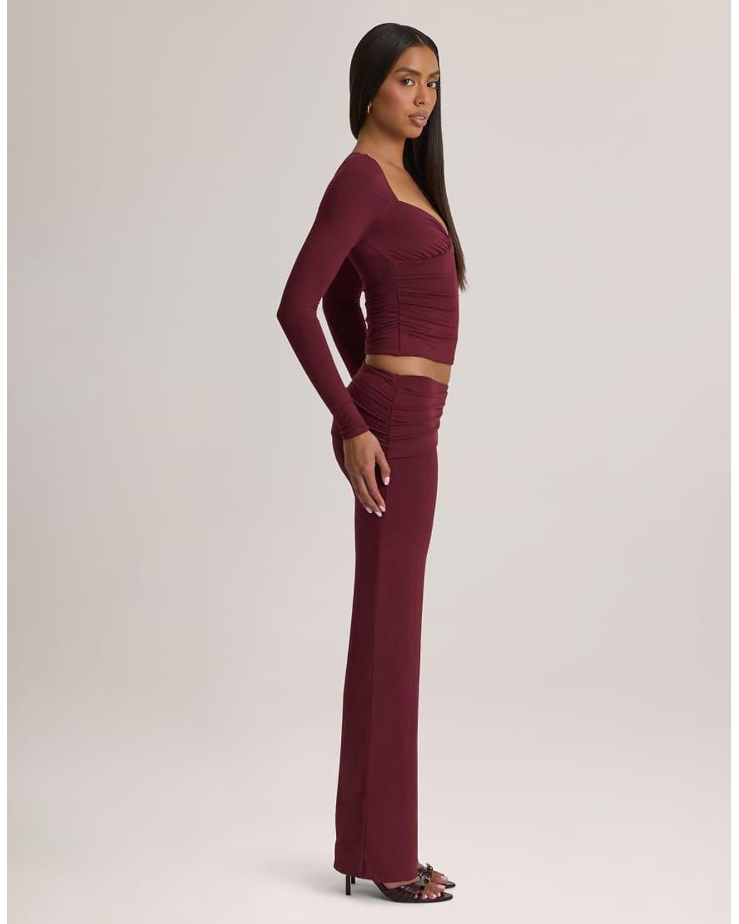 Oh Polly Red Modal V-neck Long Sleeve Ruched Waist Top Co-ord