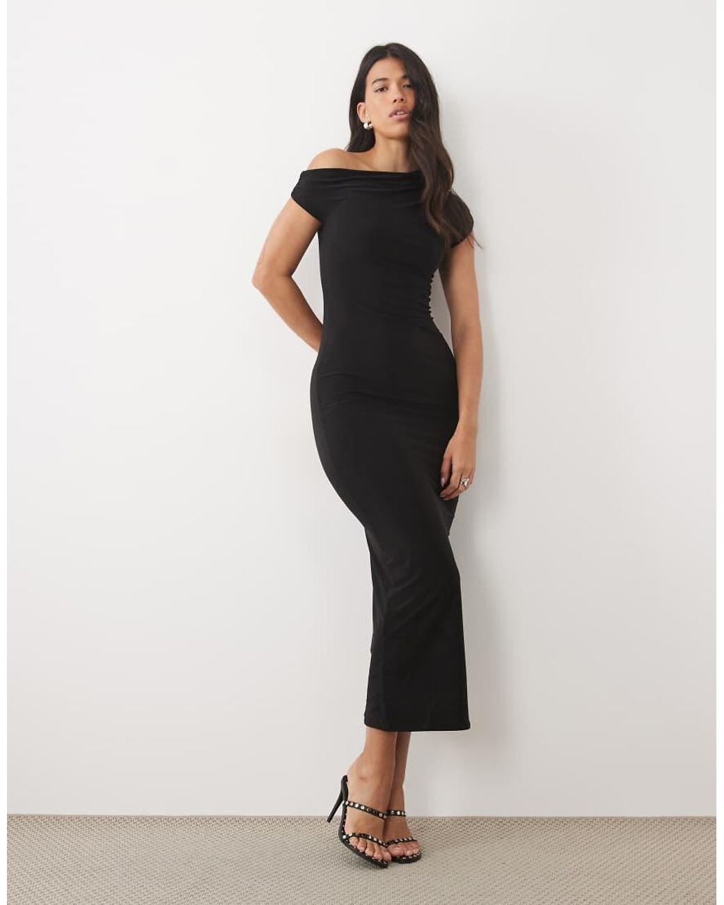 Kaiia Black Exclusive Double Layered Slinky Drape Off Shoulder Bodycon Maxi Dress