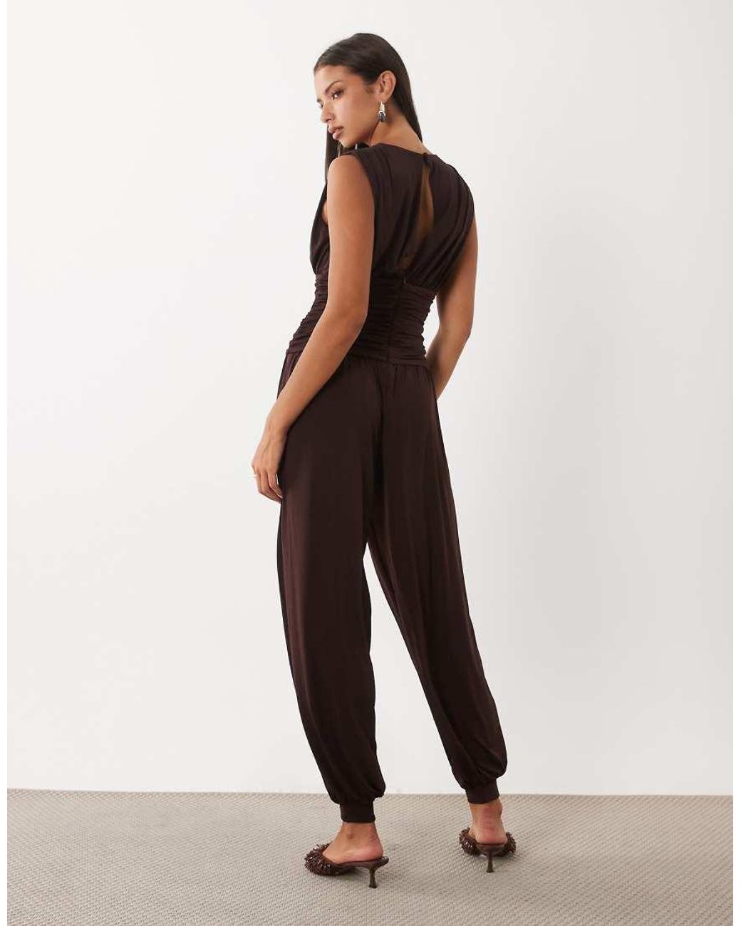 TFNC London Natural Slinky Plunge Neck Sleeveless Balloon Leg Jumpsuit
