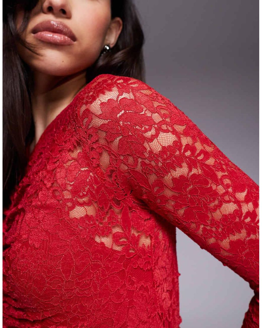 AFRM Red Lace Ruched Long Sleeve Maxi Dress With Bodysuit