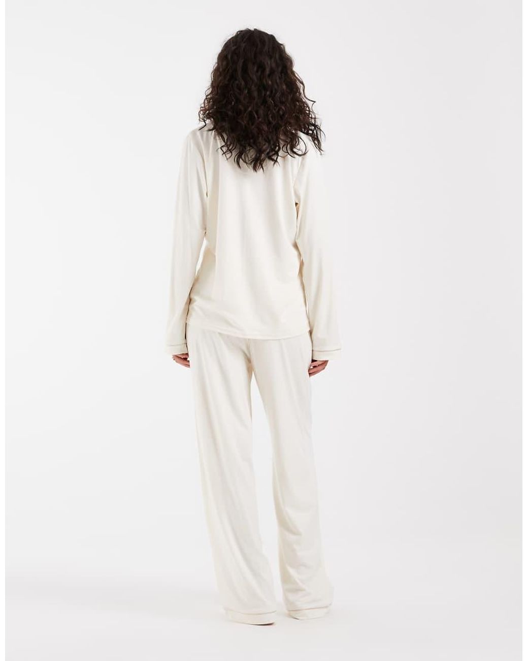 Loungeable White Super Soft Jersey Revere Top And Wide Leg Pyjama Set With Piping