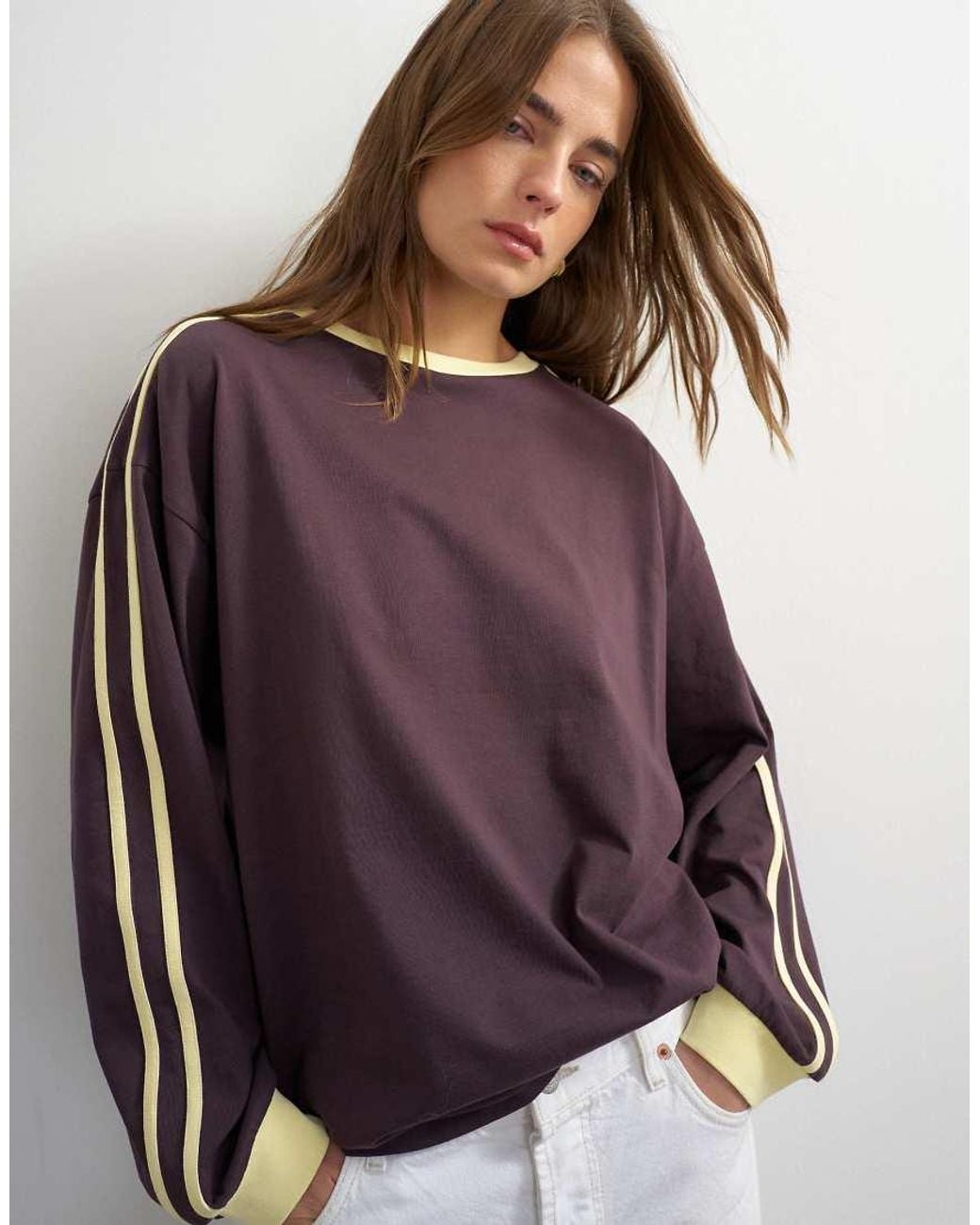 TOPSHOP Brown Long Sleeve Skater Stripe Detail T-Shirt