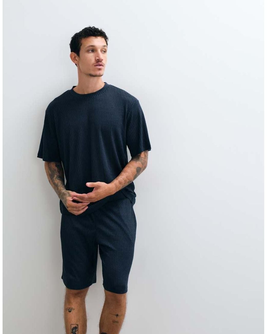Jack & Jones Blue Ribbed Lounge T-shirt Set for men