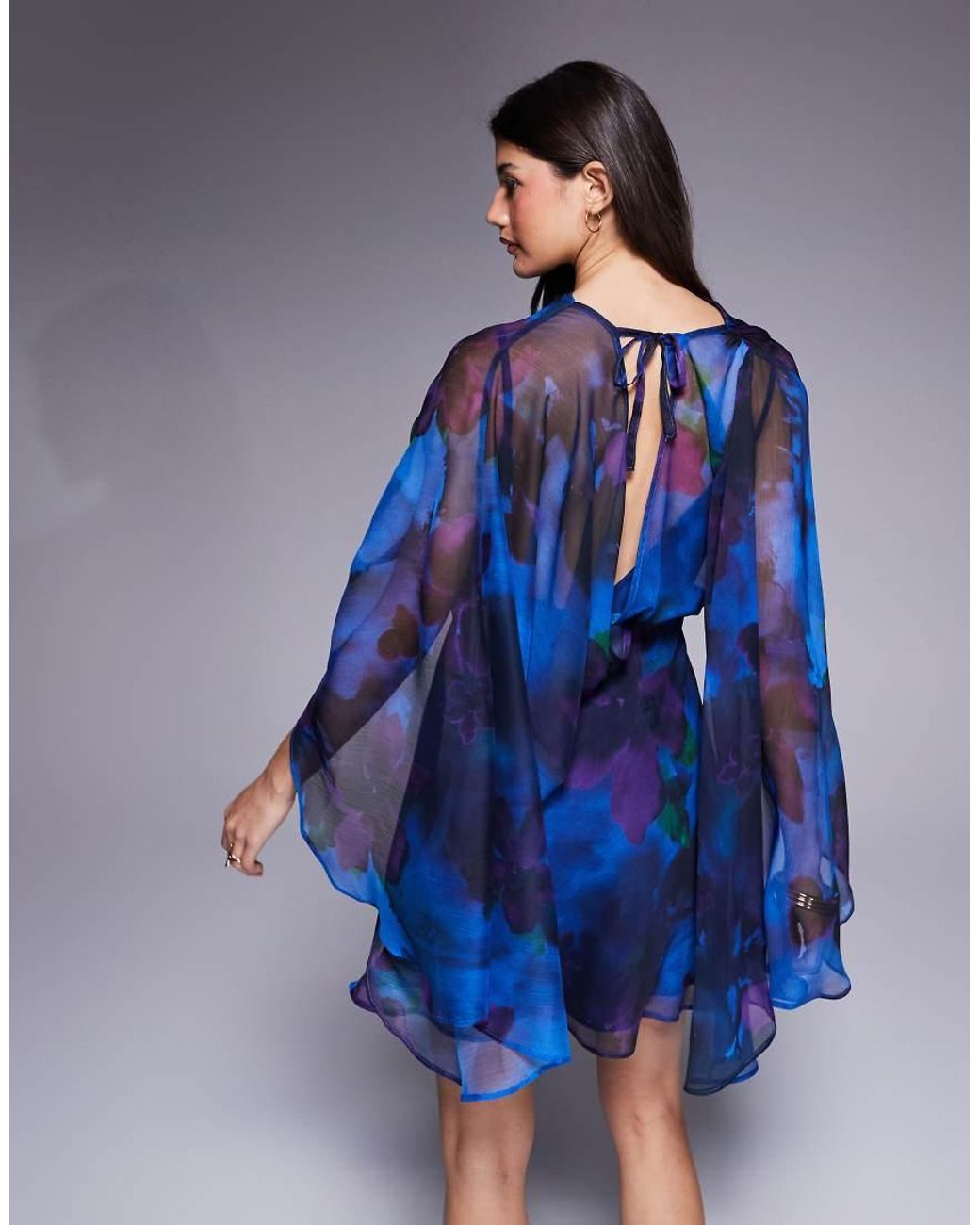 ASOS Blue High Neck Drape Front Extreme Cape Sleeve Mini Dress