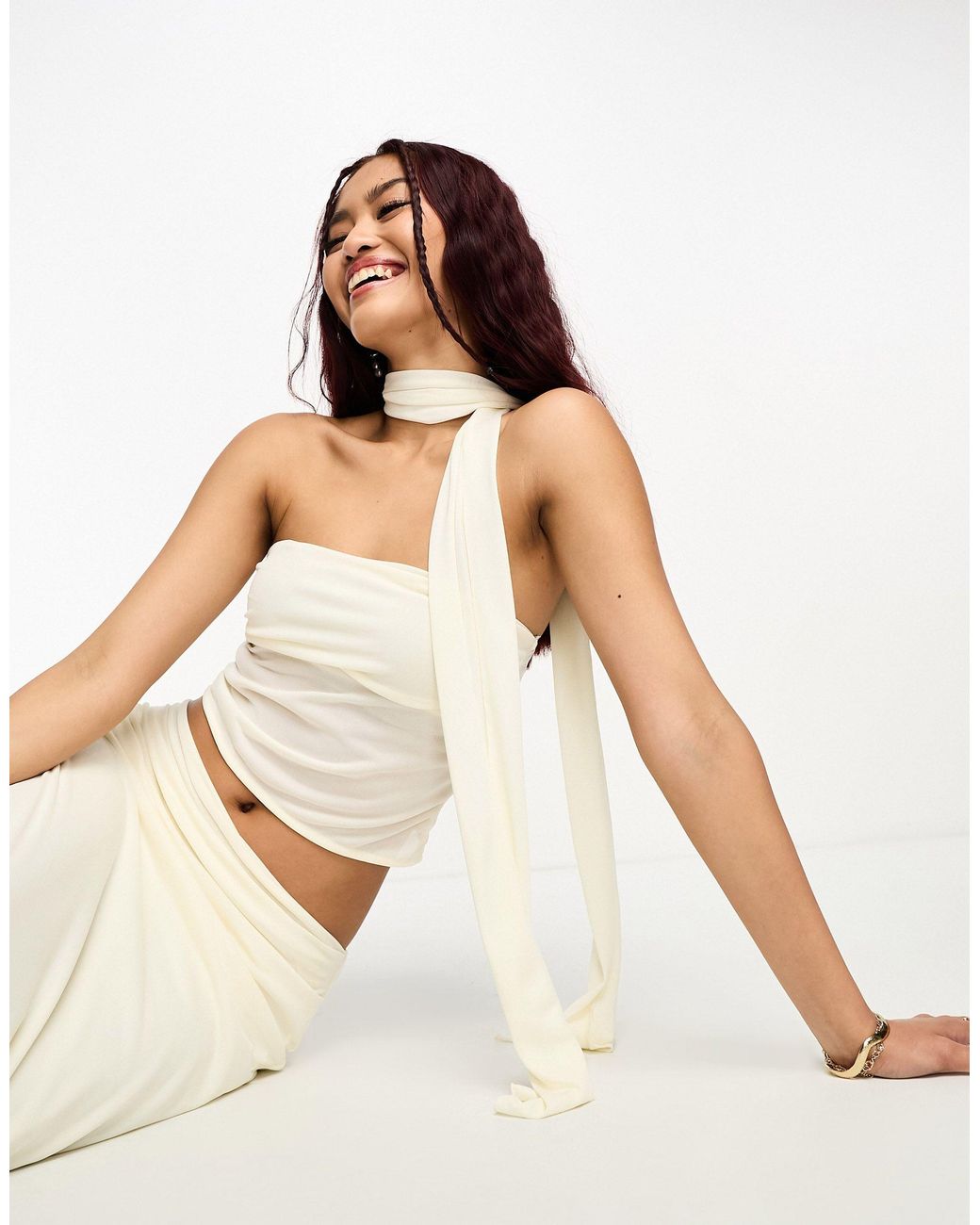 Pull&Bear Ruched Mesh Top With Neck Tie Co-ord in White